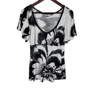 Three Dots Black White Floral Short Sleeve Keyhole Scoop Neck Women's Small